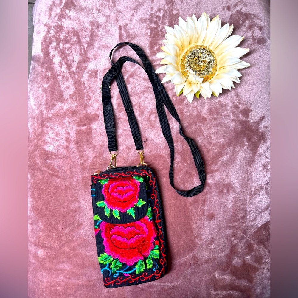 Women's Small Rose Embroidered Purse w/ Phone Compartment Shoulder or Clutch